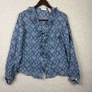 Liz Claiborne Blue Floral Ruffle Blouse Long Sleeve Button Down V Neck Medium